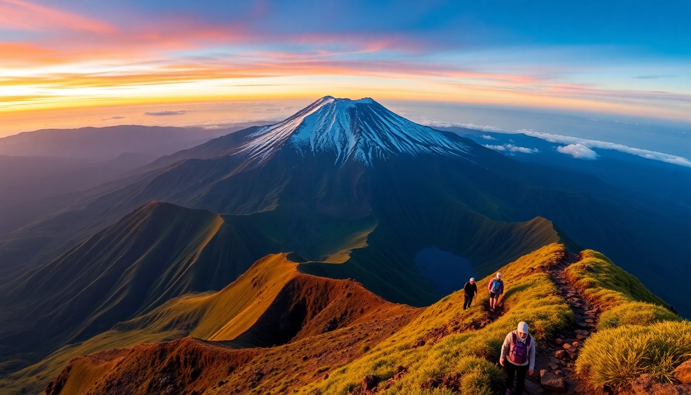 Climbers trekking Mount Rinjani's scenic trail with lush greenery and sunrise backdrop, capturing adventure and natural beauty.