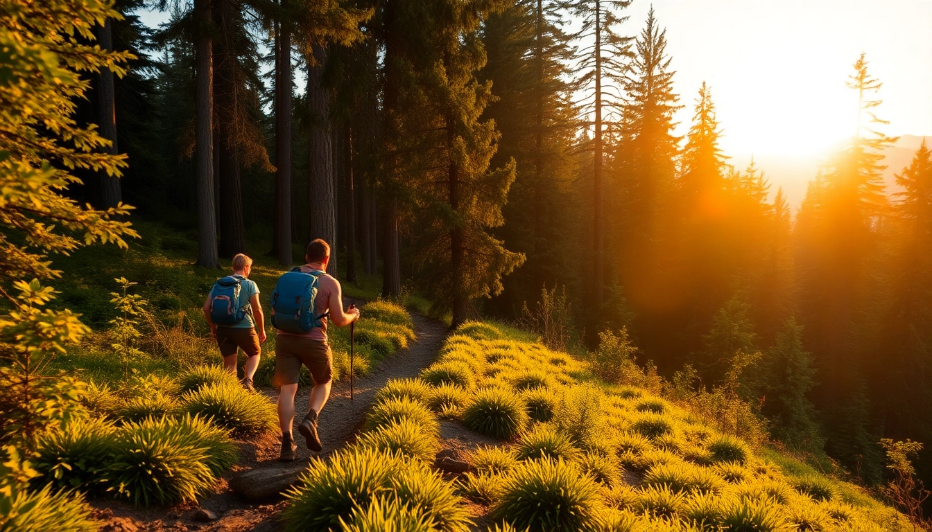 Hiking enthusiasts walking along a scenic forest trail, immersing in nature and outdoor adventure.