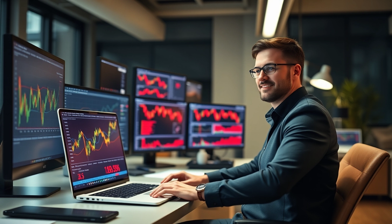 A trader practicing online trading for beginners on a laptop with stock charts and financial