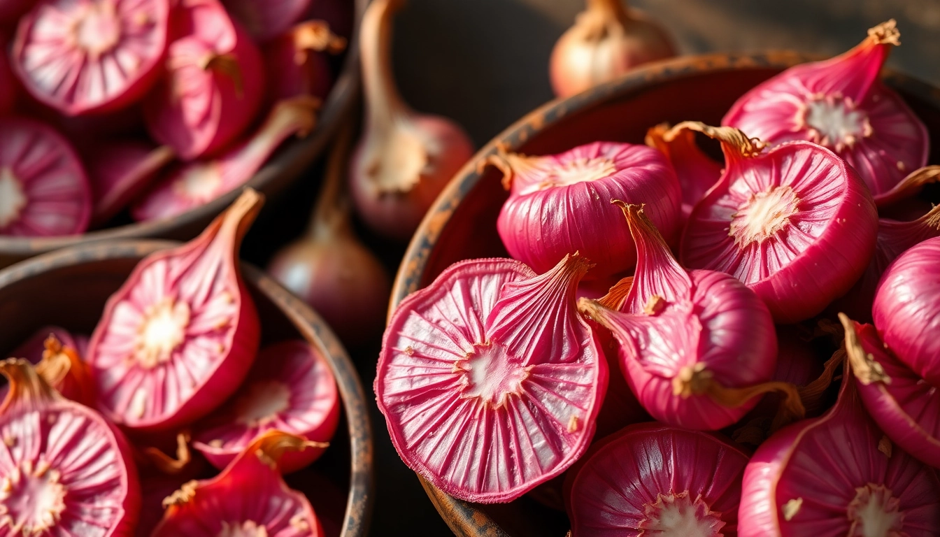 Dehydrated Pink Onion shown in rustic bowls, emphasizing vibrant color and textured surface for